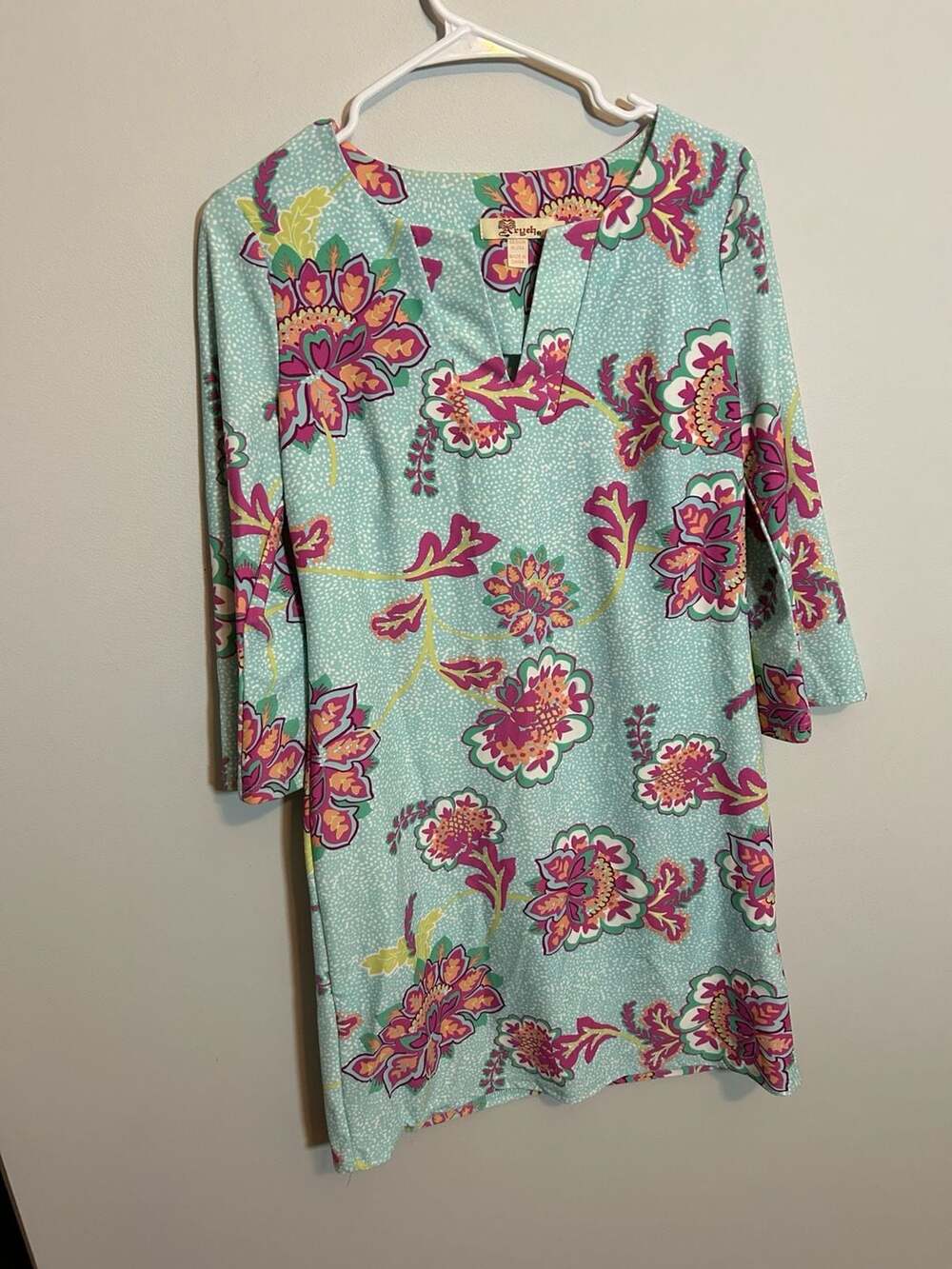 Aryeh Women's Mint Floral Paisley Print 3/4 Sleeve Shift Dress Size Small
